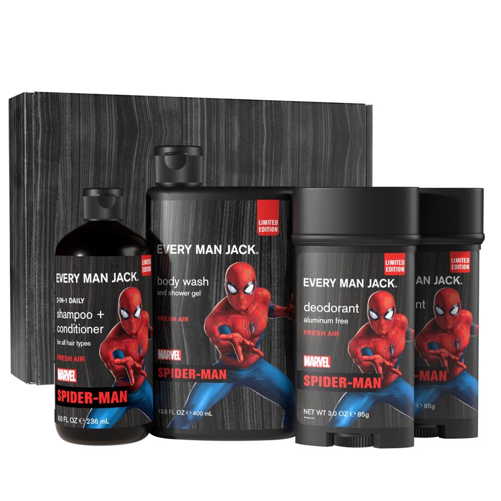 Every Man Jack Spider-Man body wash bottle with fresh urban herbal scent and clean ingredients