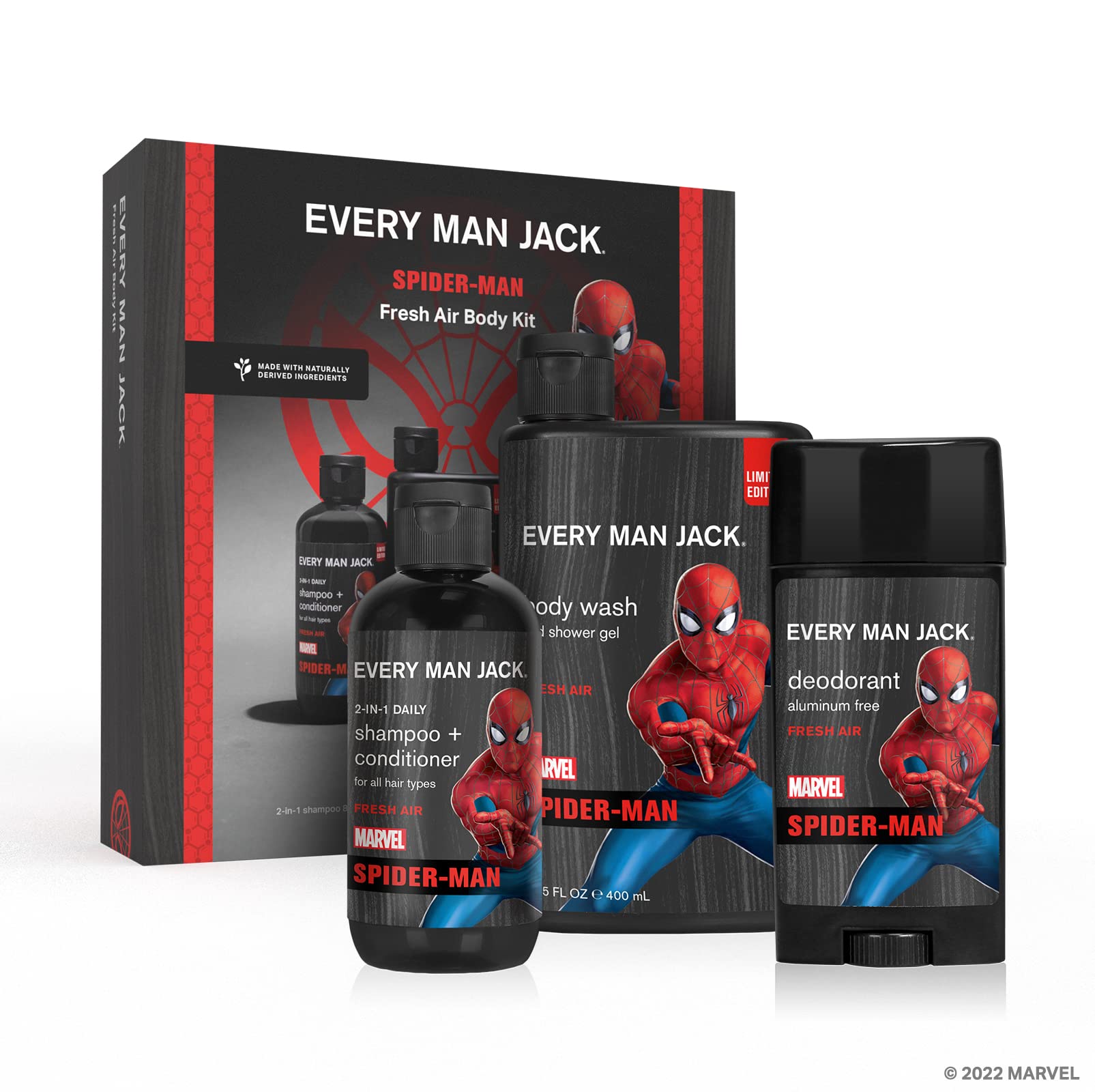 Every Man Jack Spider-Man body wash bottle for a refreshing daily cleanse and invigorating scent.