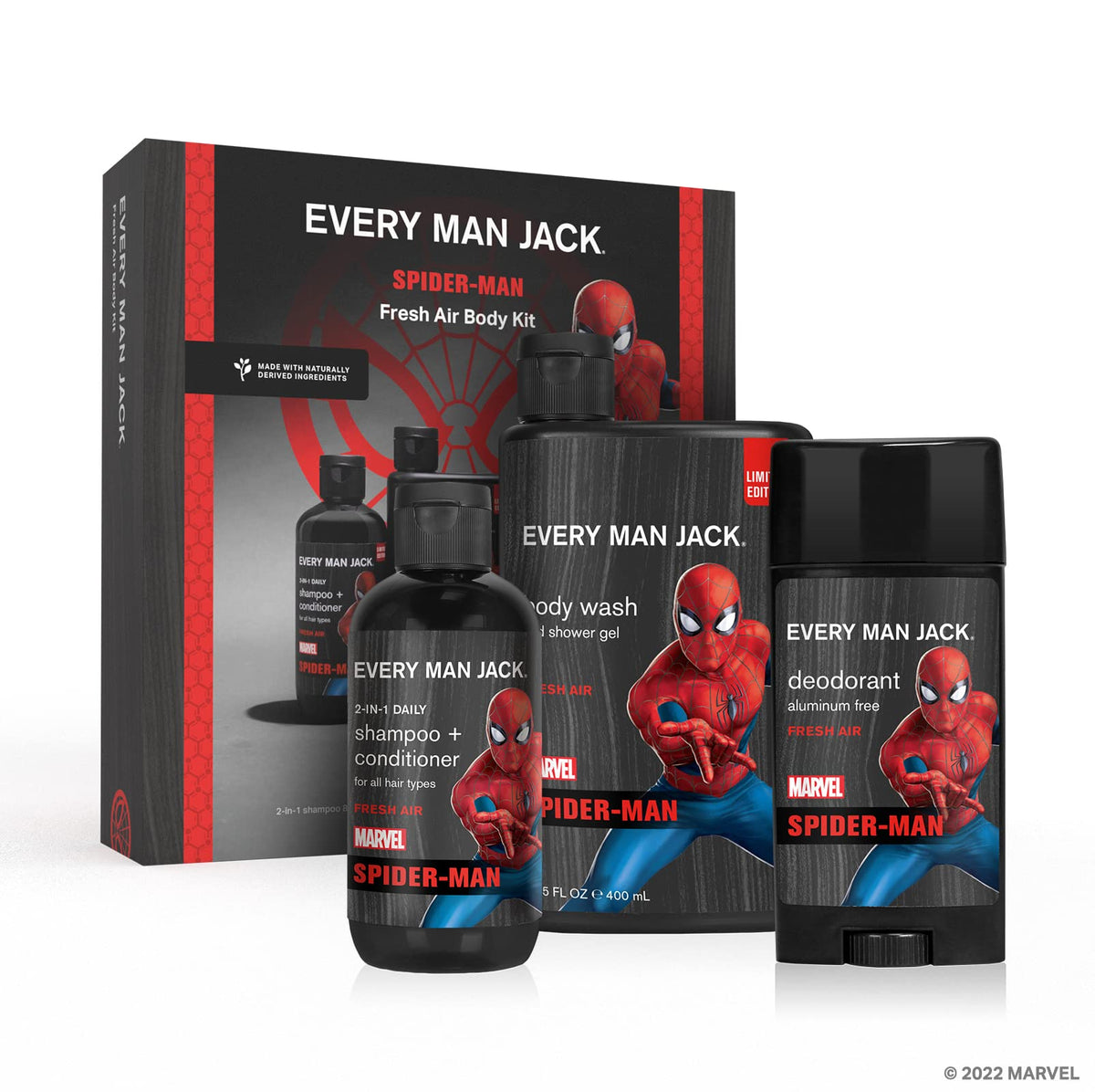 Every Man Jack Spider-Man body wash bottle for a refreshing daily cleanse and invigorating scent.