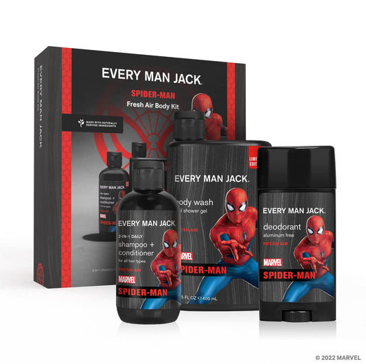 Every Man Jack Spider-Man body wash bottle for a refreshing daily cleanse and invigorating scent.