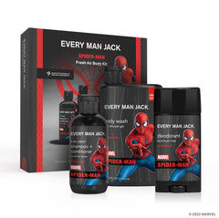 Every Man Jack Spider-Man body wash bottle for a refreshing daily cleanse and invigorating scent.