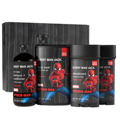 Every Man Jack Spider-Man body wash bottle with fresh urban herbal scent and clean ingredients