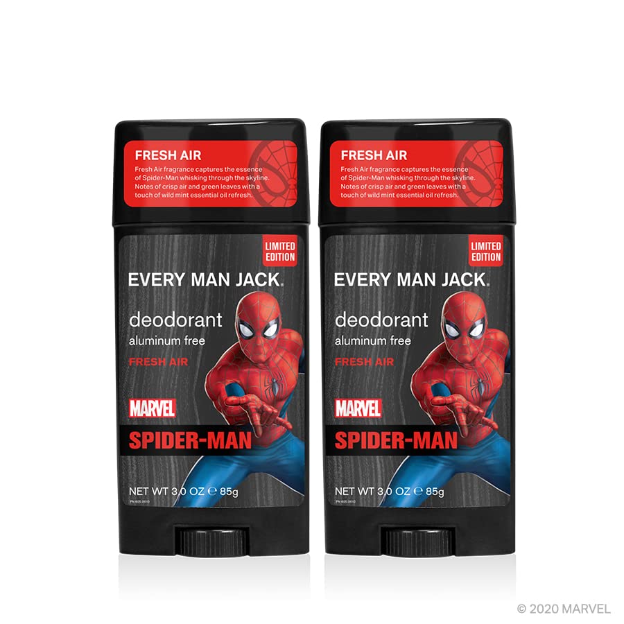 Every Man Jack Spider-Man Deodorant twin pack packaging uses post-consumer recycled content