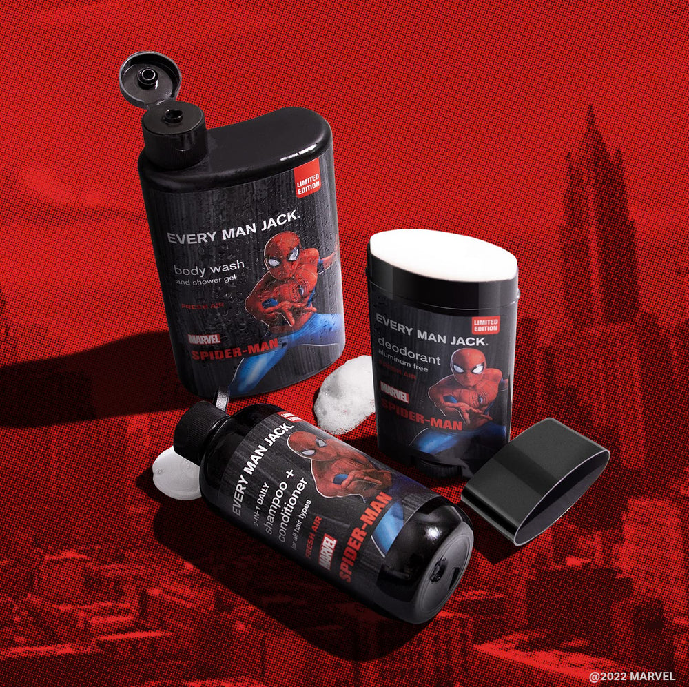 Every Man Jack Spider-Man deodorant stick with aluminum-free protection for everyday wear.