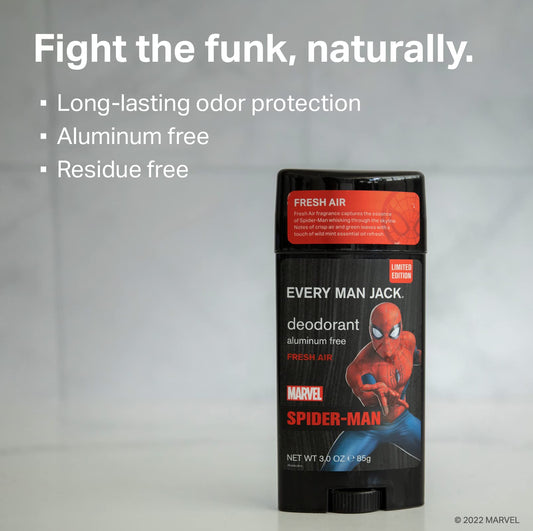 Every Man Jack Spider-Man Deodorant Twin Pack bottles; convenient protection for busy days