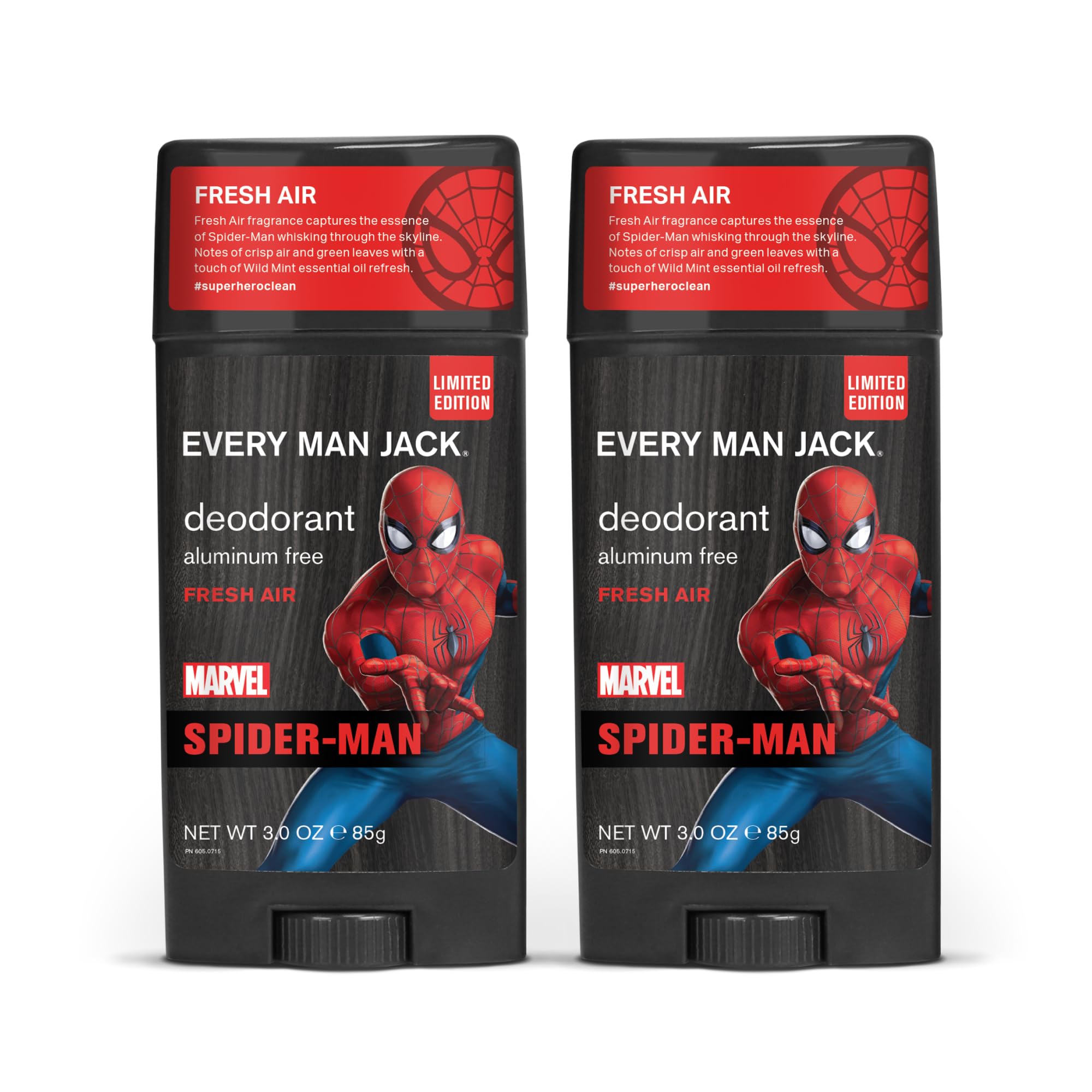 Every Man Jack Spider-Man Deodorant Twin Pack box; long-lasting freshness for daily wear