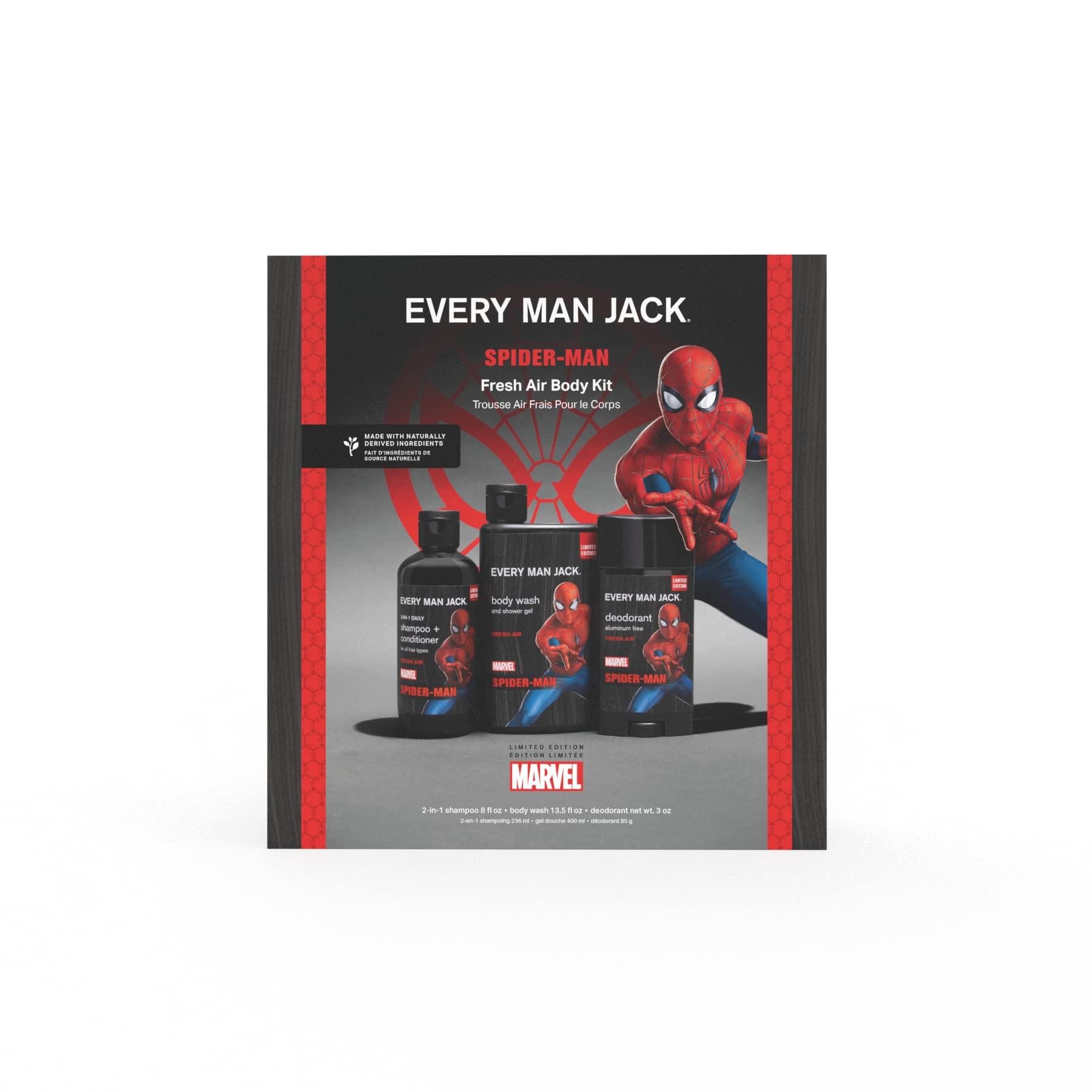 Every Man Jack Spider-Man natural ingredients hint at gentle cleansing and skin-friendly use.