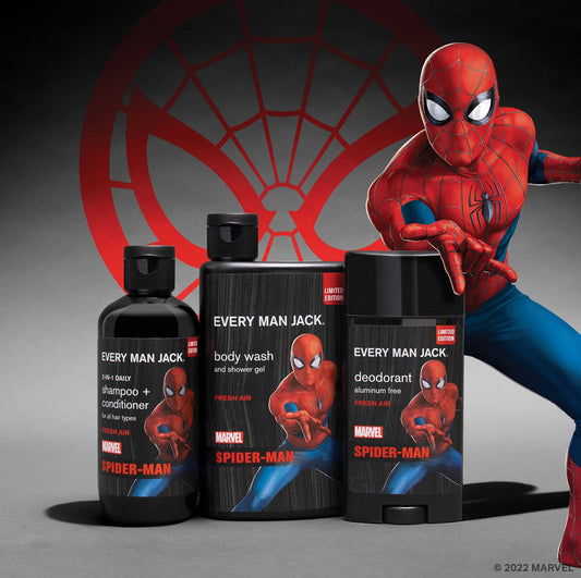 Every Man Jack Spider-Man shampoo bottle for clean, energized hair with a light fragrance.