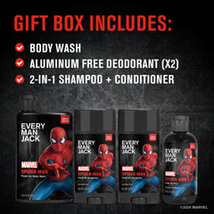 Every Man Jack Spider-Man shampoo bottle featuring citrus notes and gentle coconut-derived surfactants