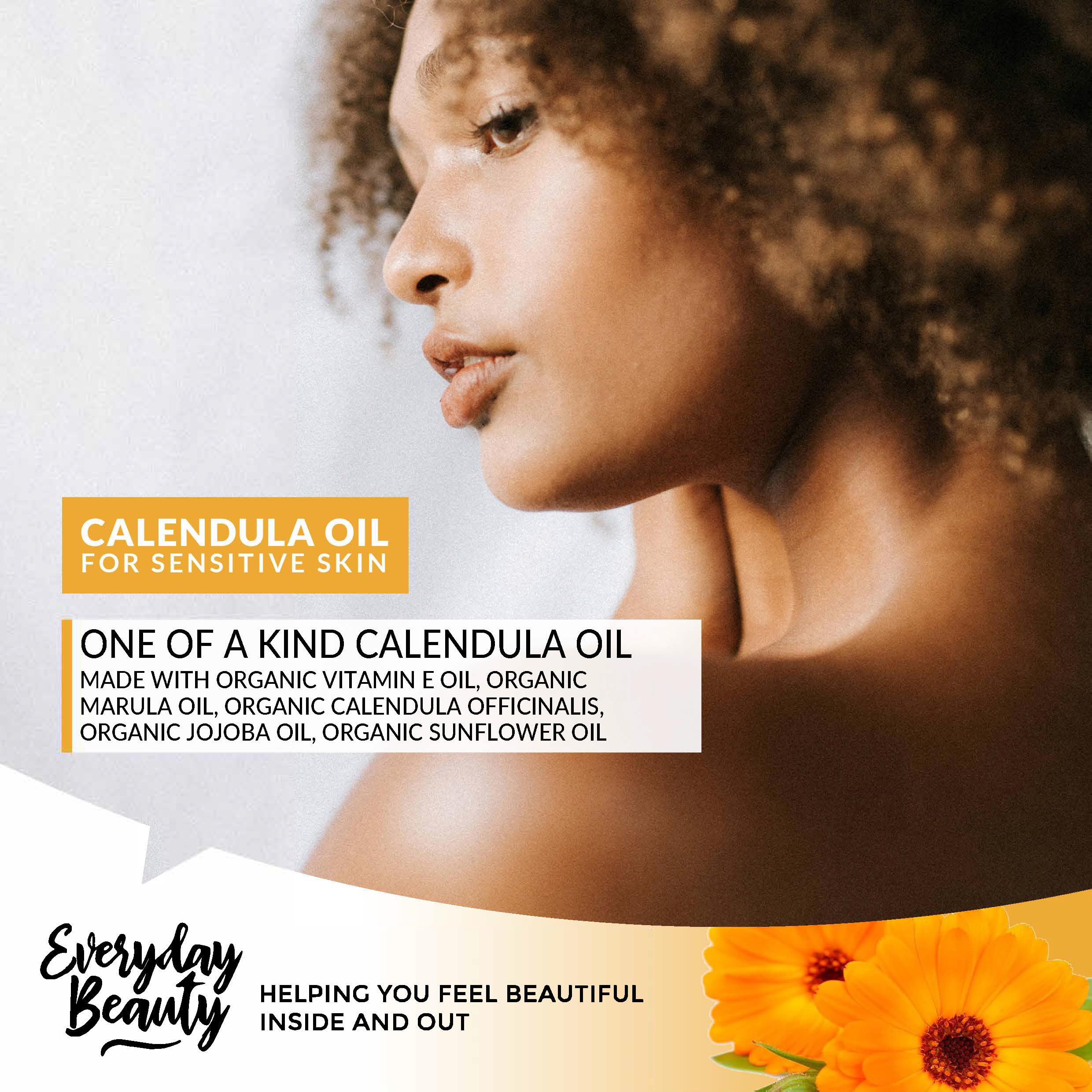 Amber bottle of Everyday Beauty Calendula Oil, unscented and suitable for daily face use.