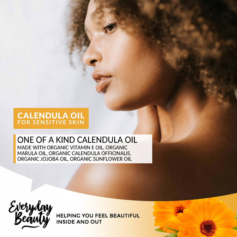 Amber bottle of Everyday Beauty Calendula Oil, unscented and suitable for daily face use.