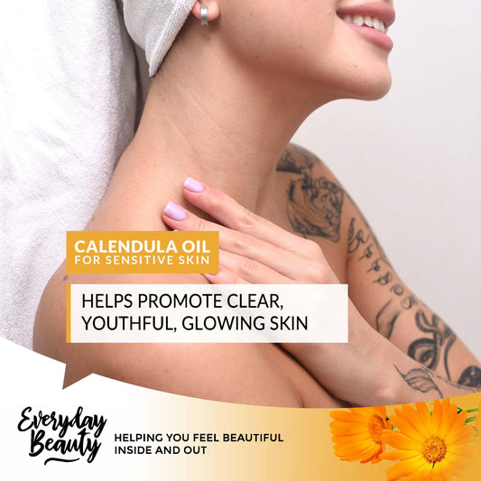 Close-up of calendula oil texture showing a smooth, non-greasy feel for dry skin.