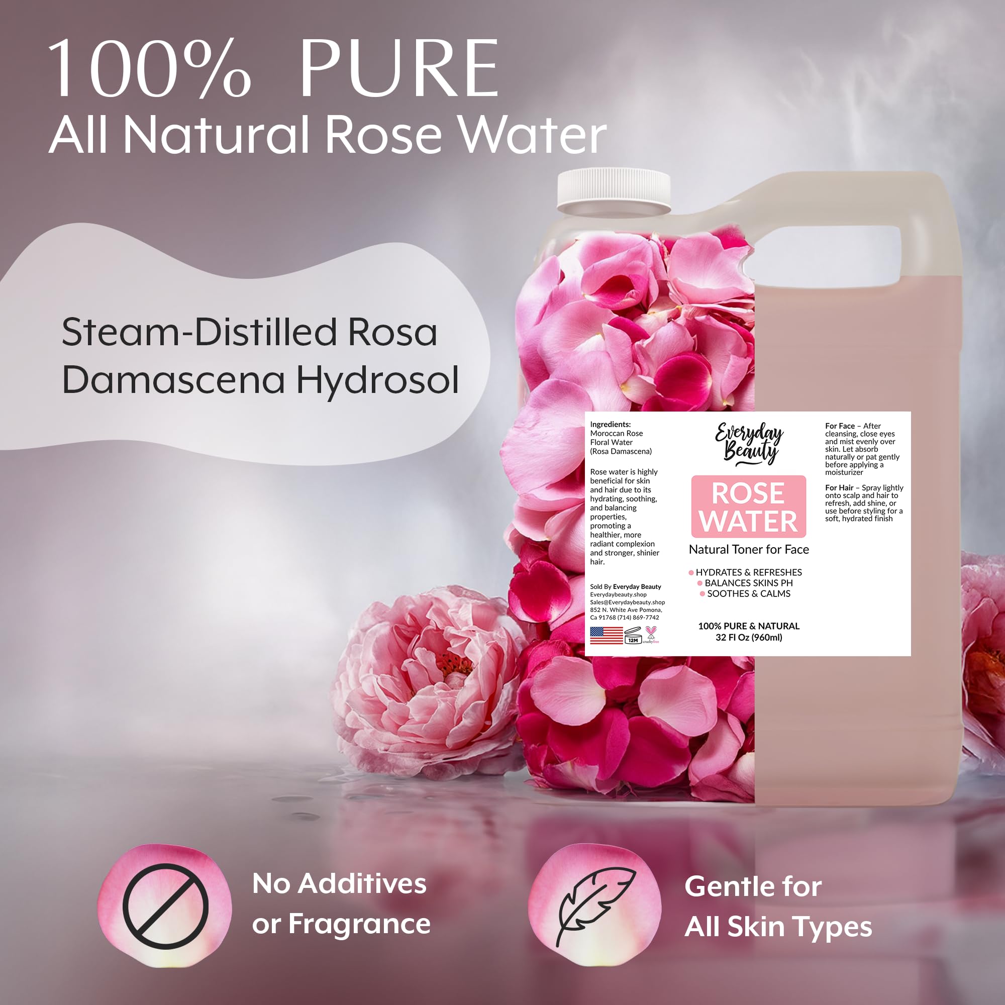 Everyday Beauty Rose Water Toner dispenser-pump provides gentle, easy skin refreshing.