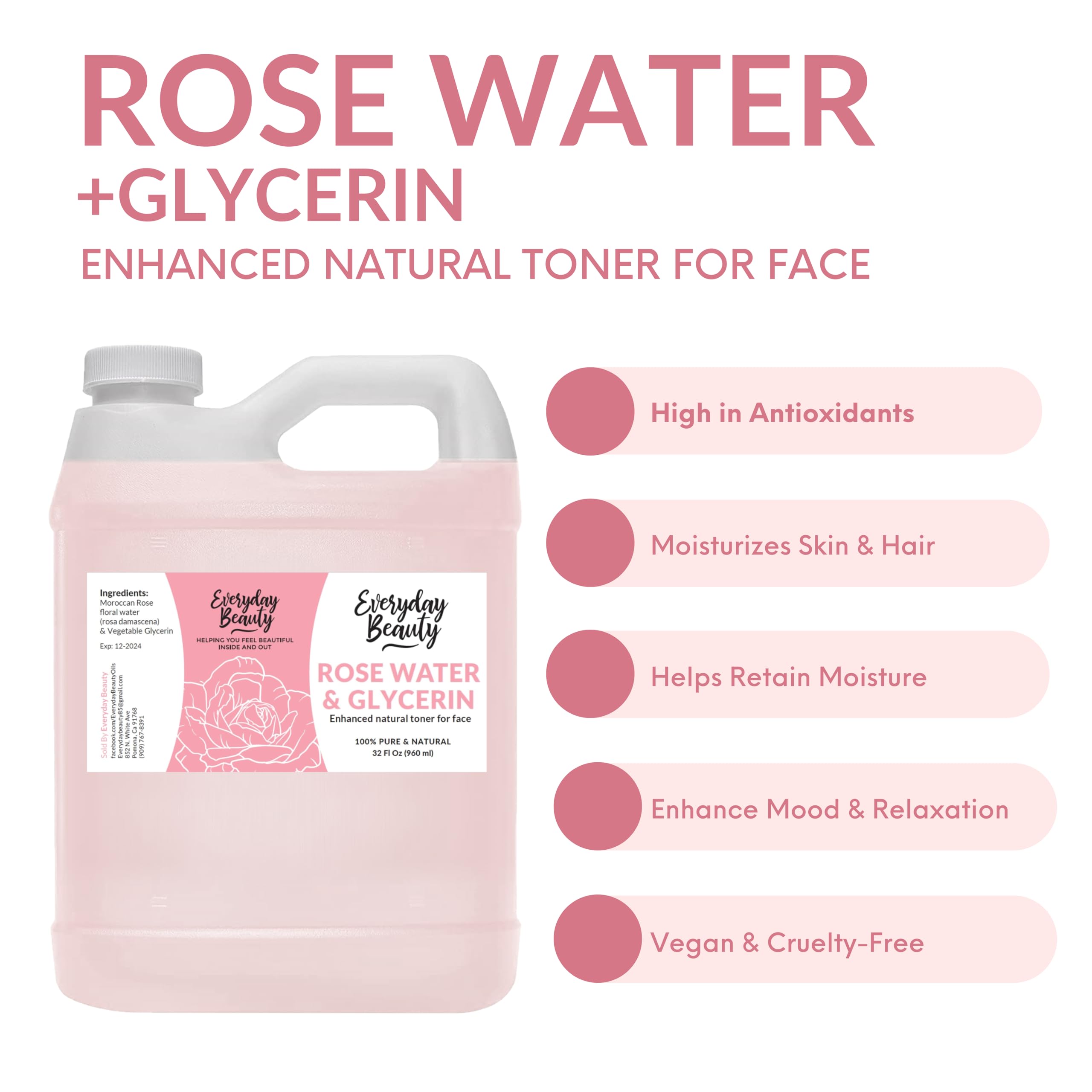 Everyday Beauty Rose Water Toner glycerin droplets emphasize hydration