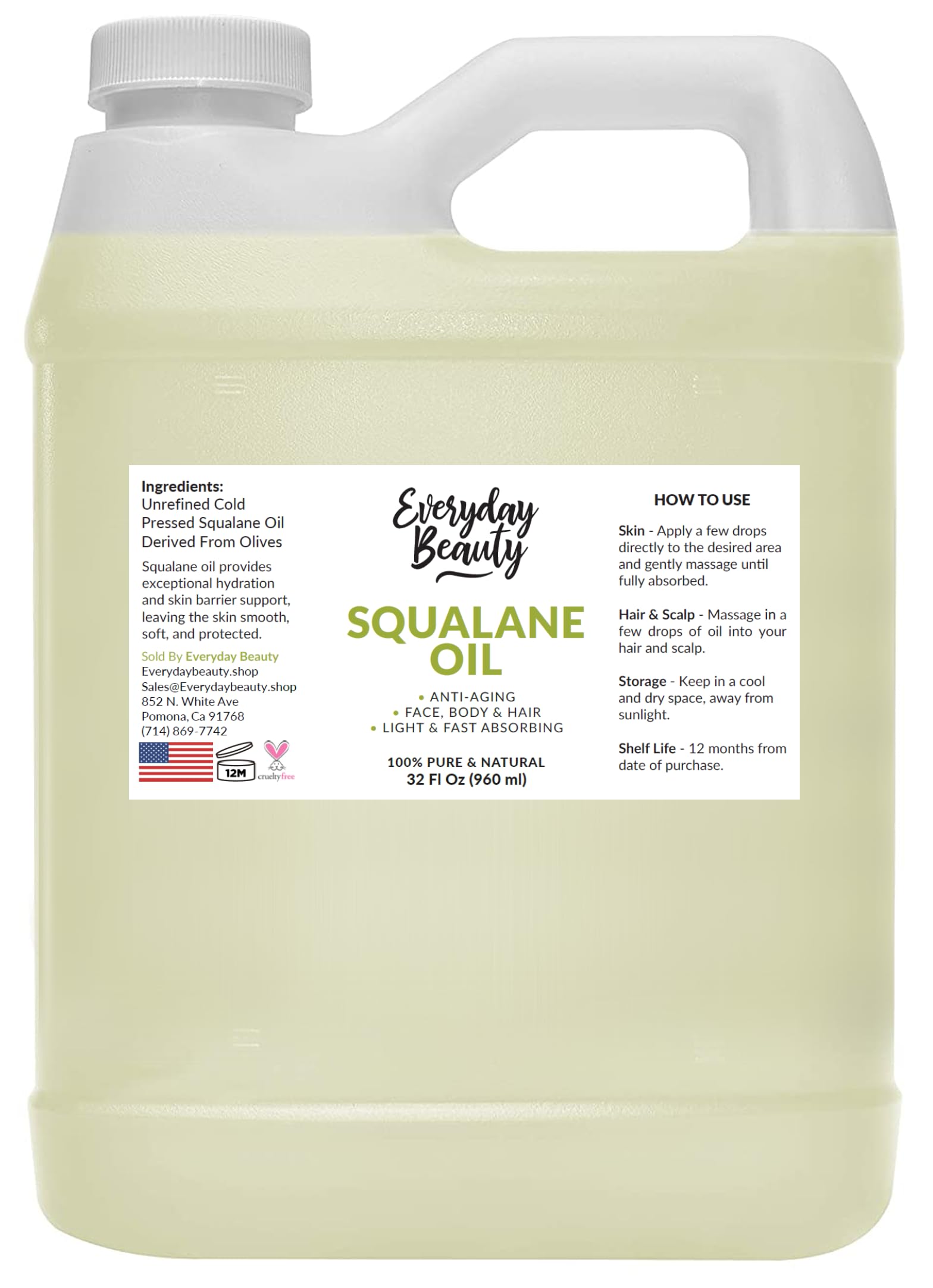 Everyday Beauty Squalane Oil Bulk bottle pour shows lightweight hydration for all skin types
