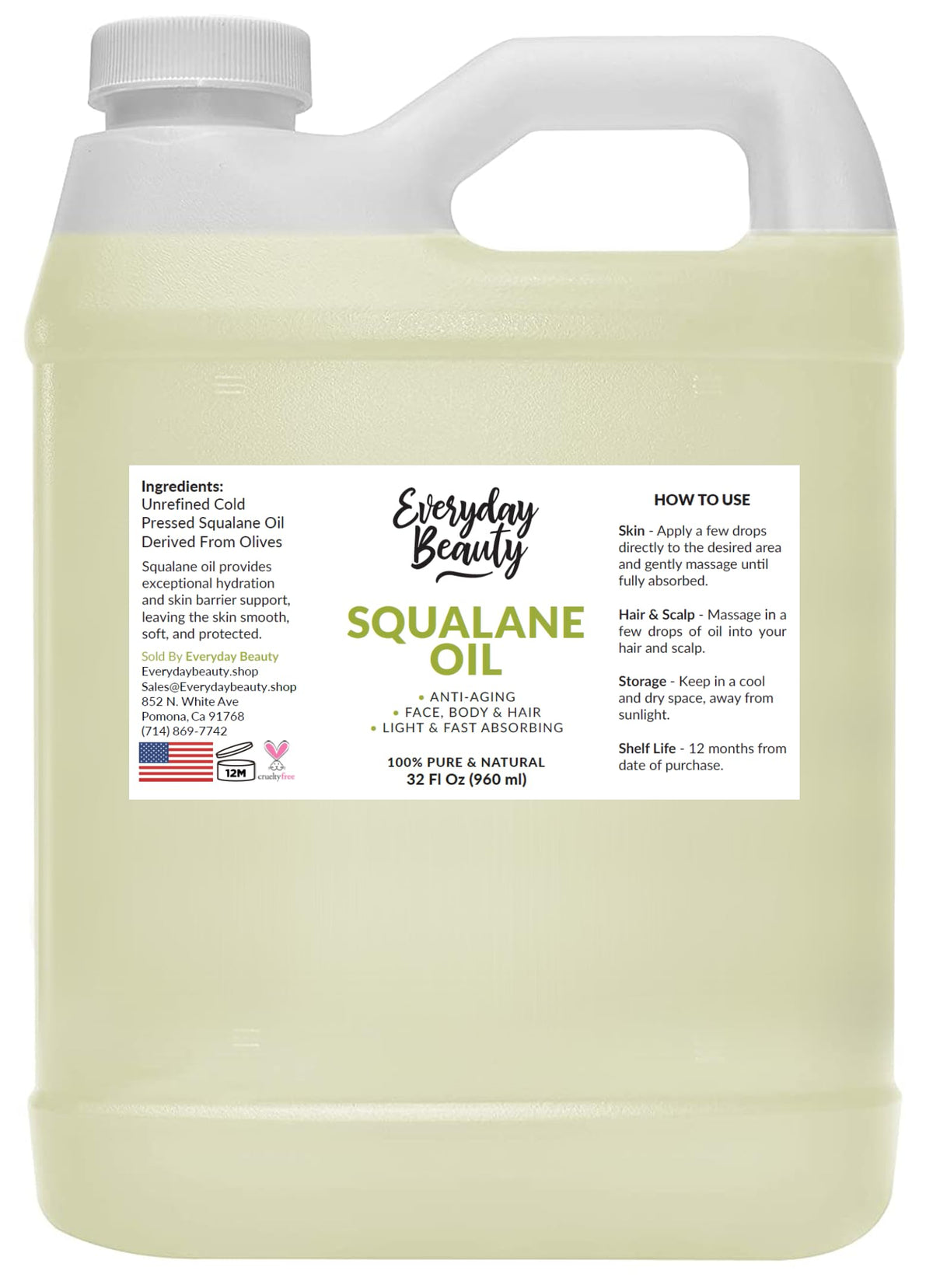 Everyday Beauty Squalane Oil Bulk bottle pour shows lightweight hydration for all skin types