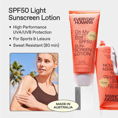 Close-up of Everyday Humans Oh My Bod sunscreen tube showing lightweight, fast-absorbing lotion.