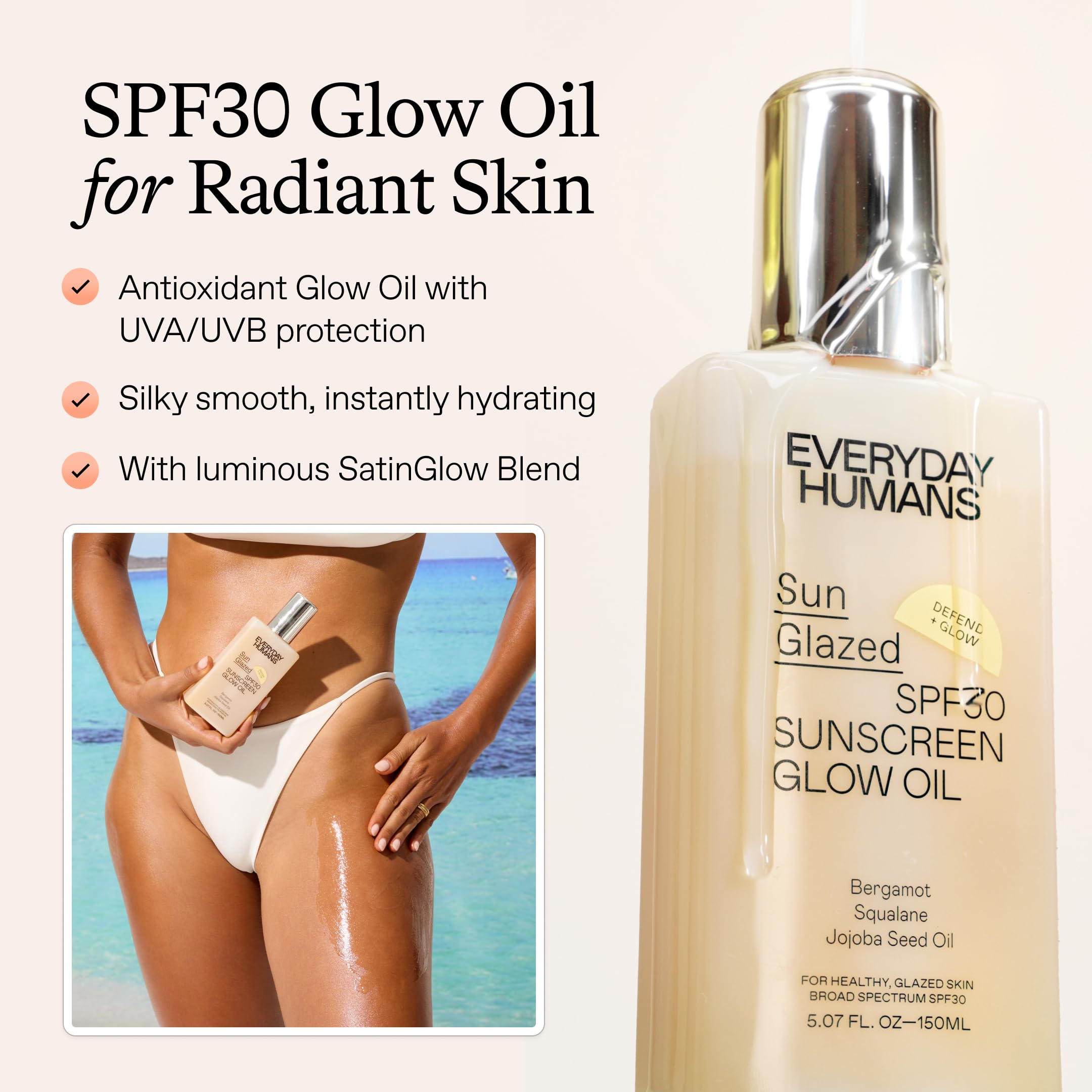 Everyday Humans Sun Glazed bottle tilted to emphasize smooth, non-sticky finish.