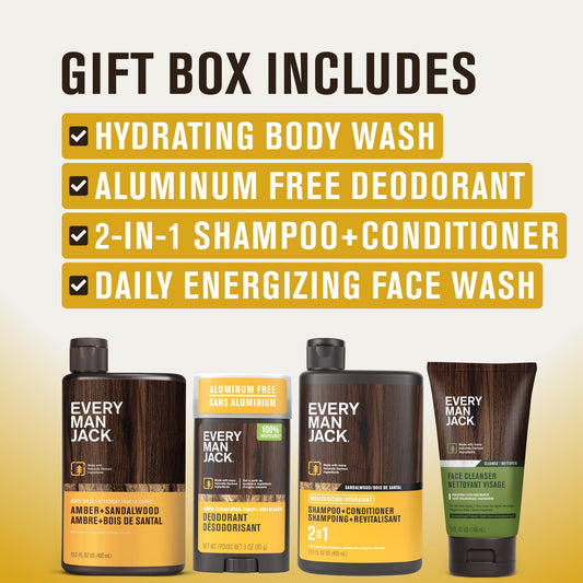 Every Man Jack Amber + Sandalwood 2-in-1 shampoo bottle for streamlined grooming.