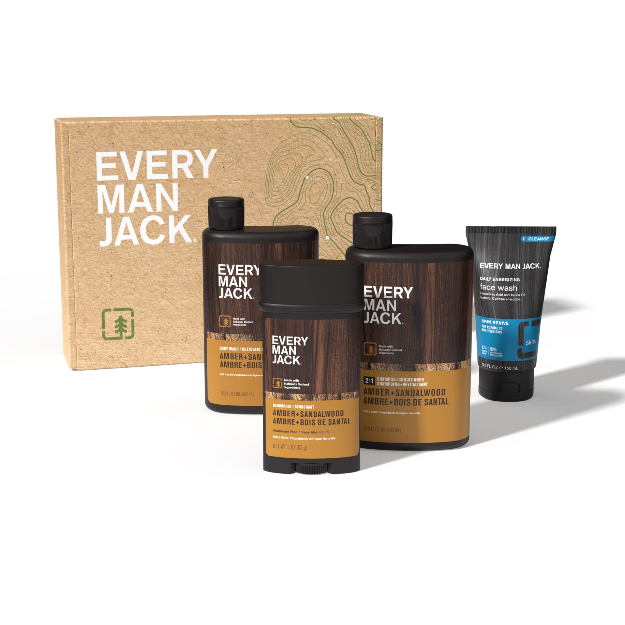 Gift-ready Every Man Jack set displayed on a bathroom shelf.
