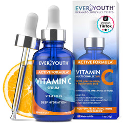 EVERYOUTH Vitamin C Serum bottle closeup highlighting brightening and radiant skin.