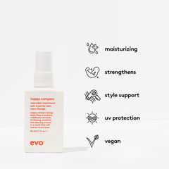 Close-up of EVO Happy Campers travel-size bottle for on-the-go styling