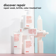 Hands applying EVO Happy Campers wearable treatment to damp hair
