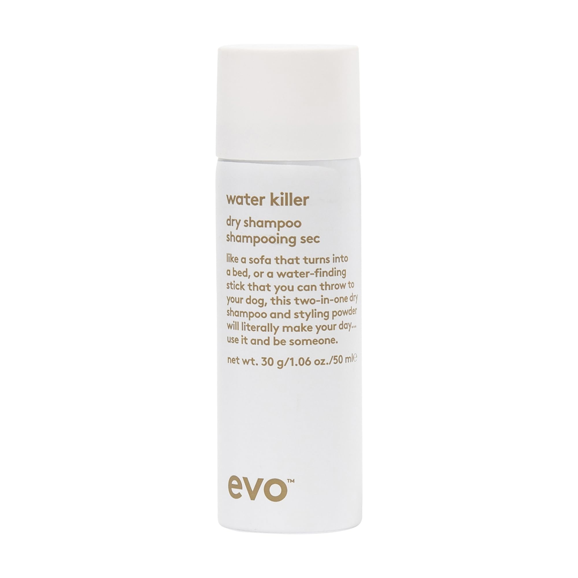 EVO Water Killer dry shampoo bottle in travel size for quick refresh on the go