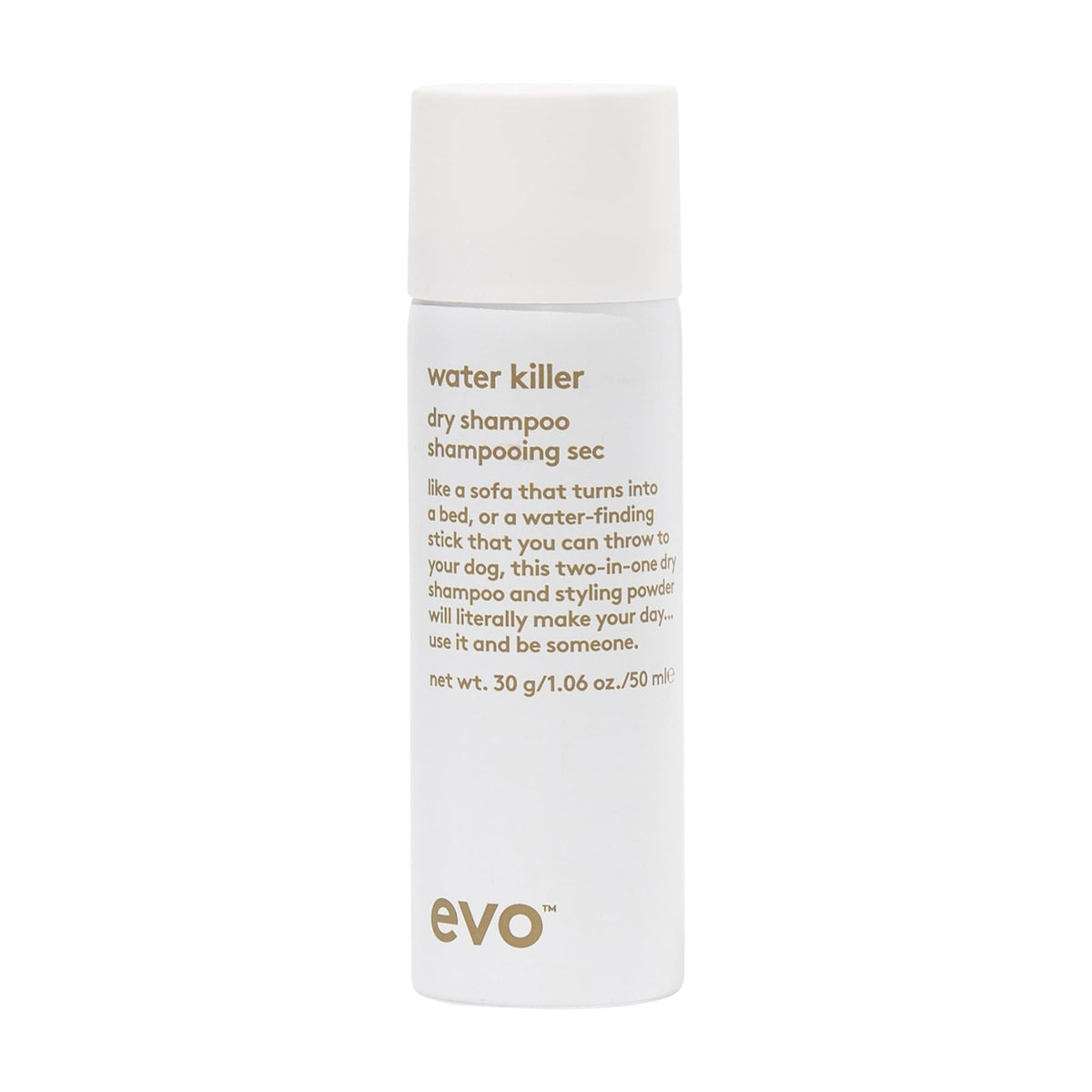 EVO Water Killer dry shampoo bottle in travel size for quick refresh on the go