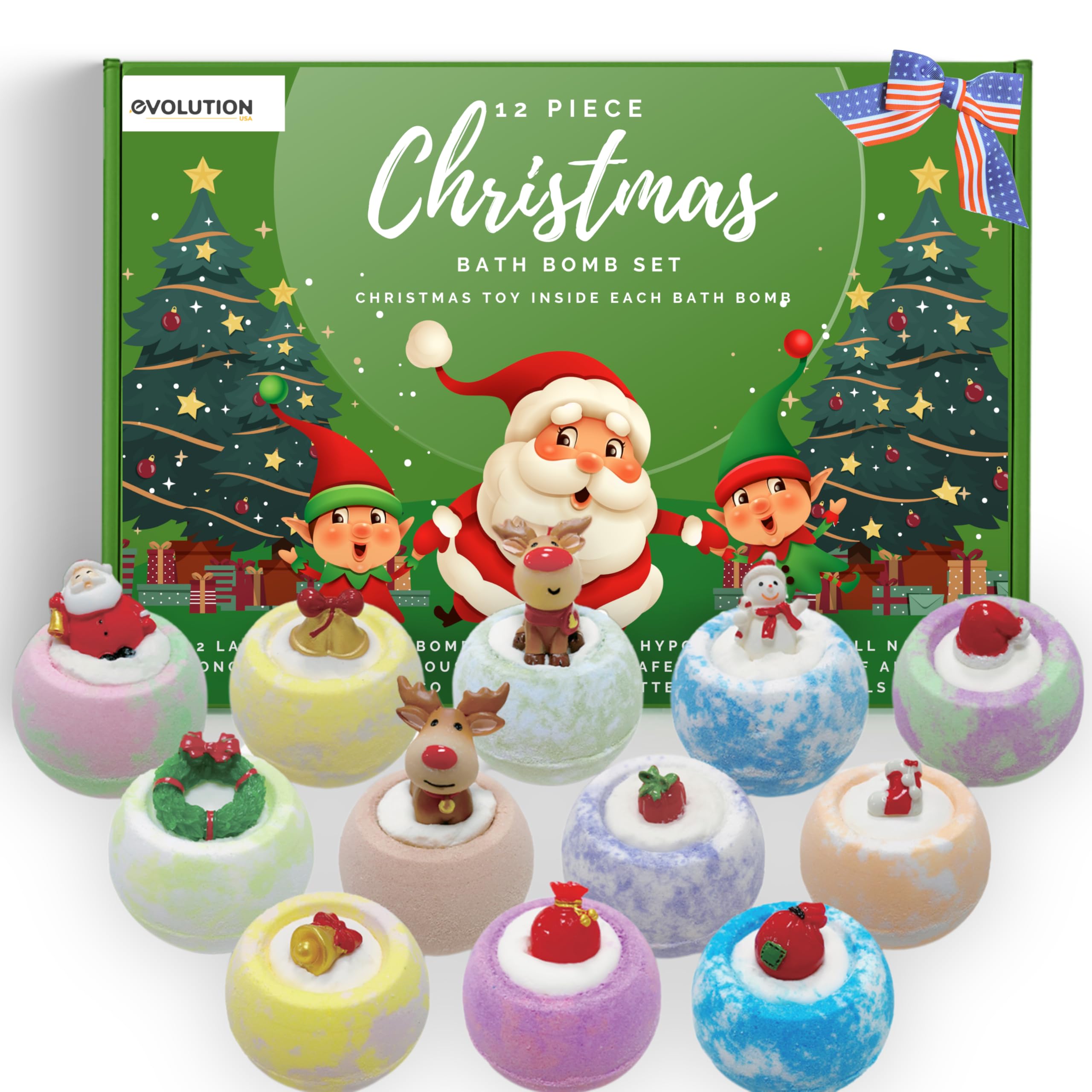 EvolutionUSA Christmas bath bombs 12pc set packaging showcases festive gift-ready presentation for kids.