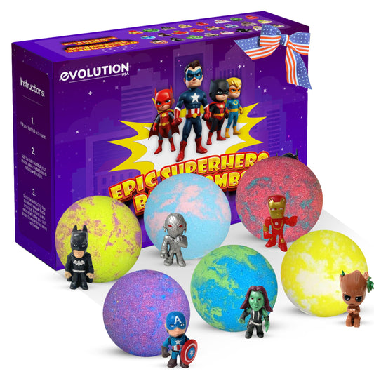 EvolutionUSA epic superhero bath bombs pack with six toys inside for exciting bath time