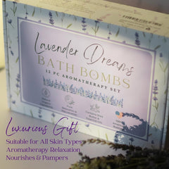 Colorful Lavender Dreams bath bombs swirl in water, signaling a calming soak