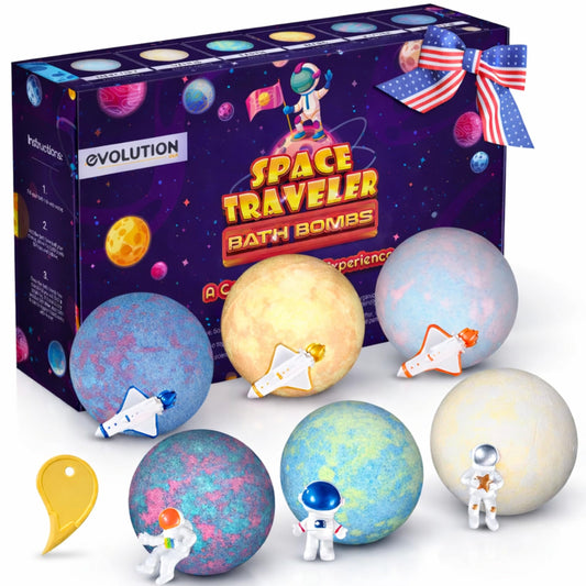 EvolutionUSA space bath bomb planet with hidden toy for imaginative bath time.