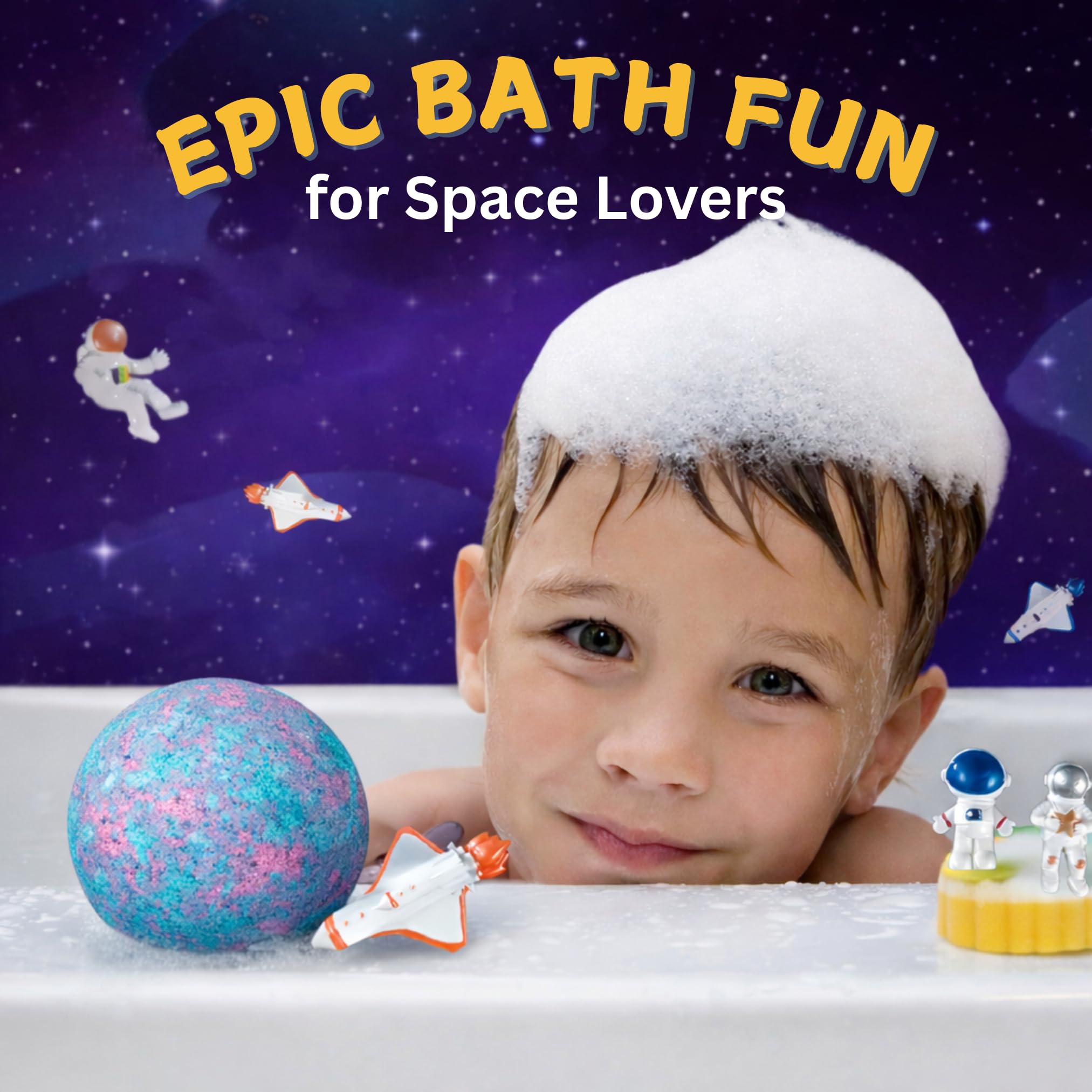 EvolutionUSA space bath bomb with astronaut inside sparks playful learning.