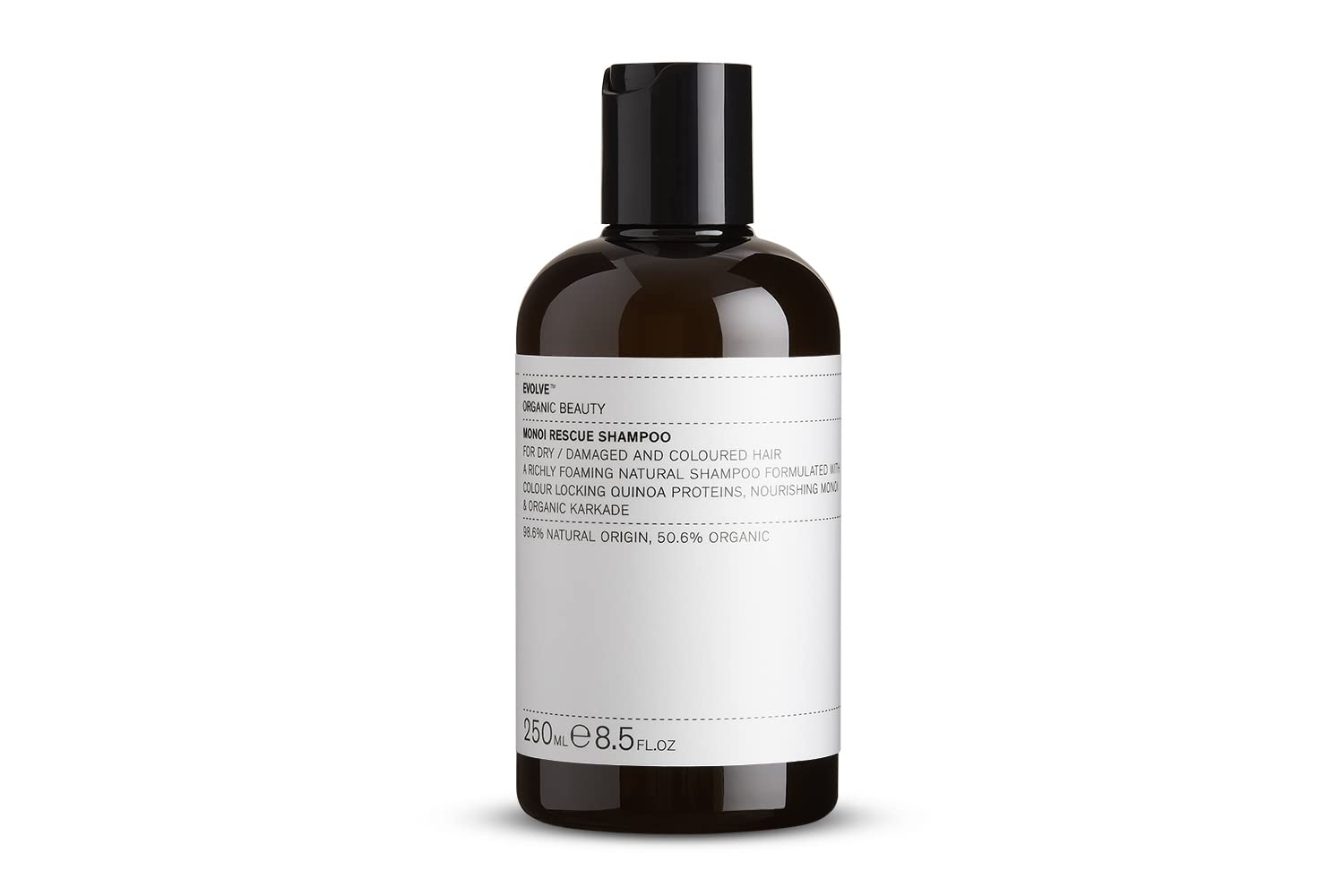 Evolve Organic Beauty Monoi Rescue Shampoo bottle pour demonstrates easy application and hydration