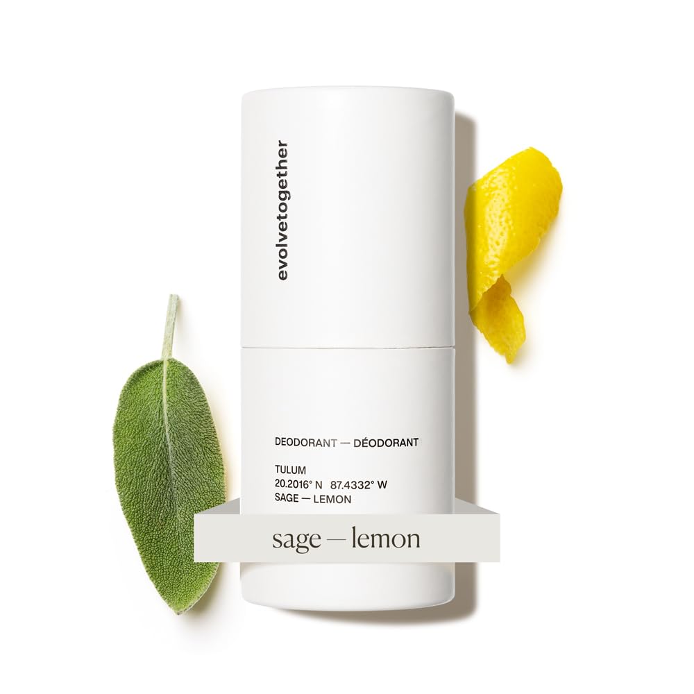 Evolvetogether aluminum-free deodorant stick with lemon-sage-patchouli scent in a bottle for daily use.