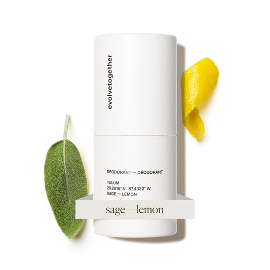 Evolvetogether aluminum-free deodorant stick with lemon-sage-patchouli scent in a bottle for daily use.