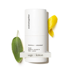 Evolvetogether aluminum-free deodorant stick with lemon-sage-patchouli scent in a bottle for daily use.