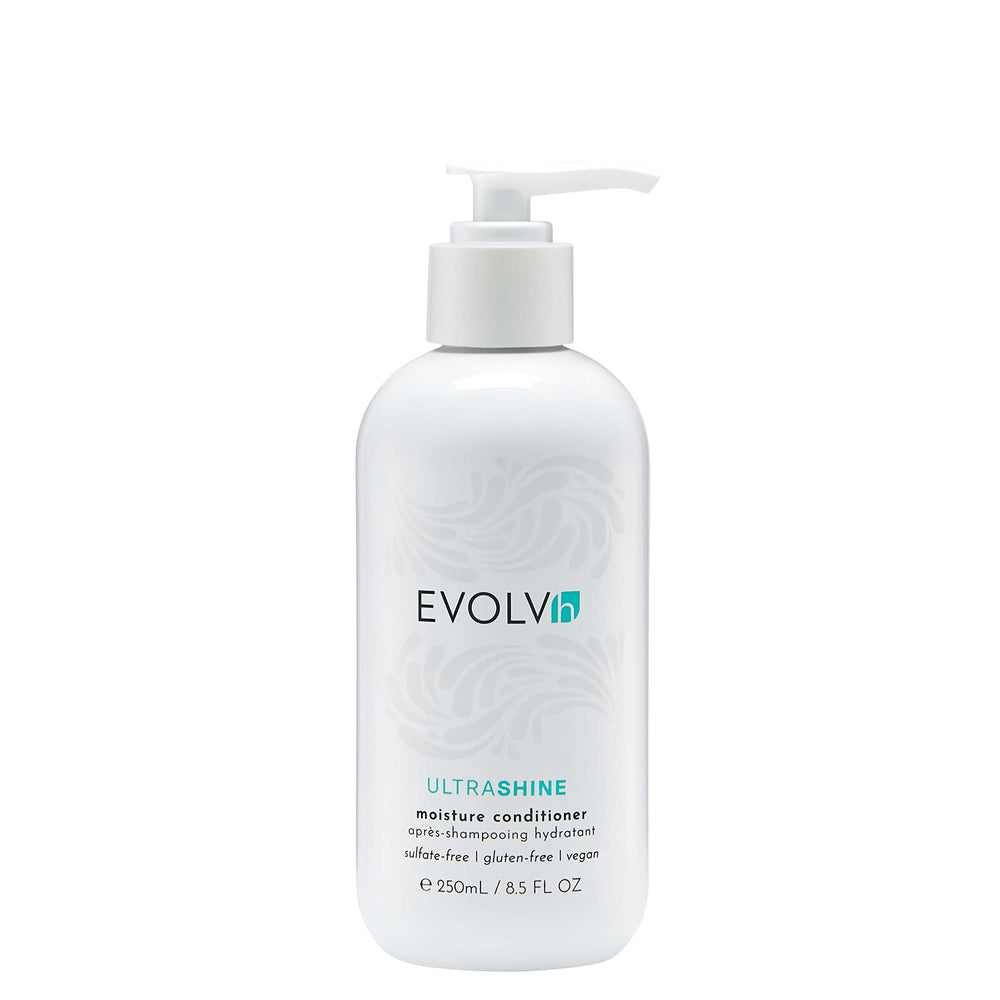 EVOLVh UltraShine Moisture Conditioner bottle close-up showing radiant shine benefit.