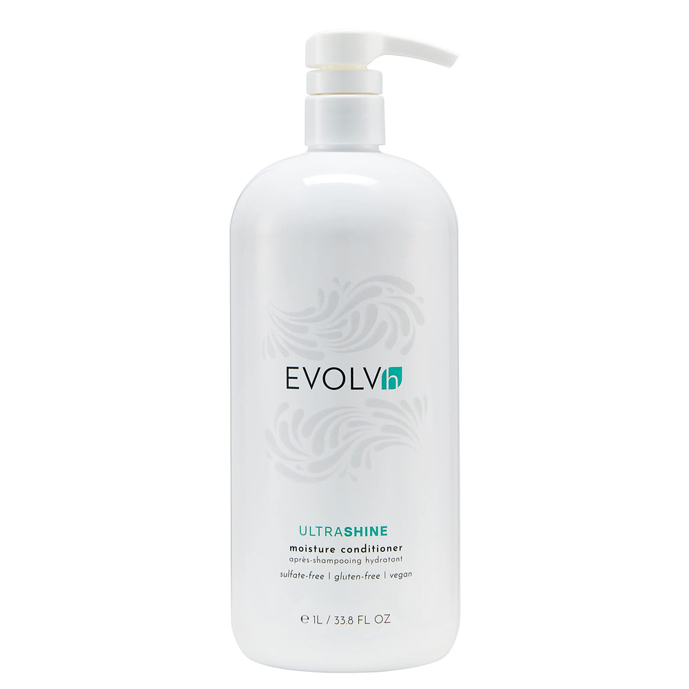 EVOLVh UltraShine Moisture Conditioner bottle highlights shine and detangling.