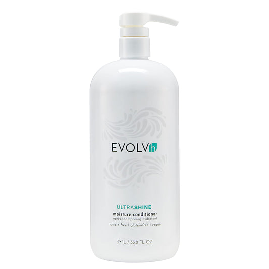 EVOLVh UltraShine Moisture Conditioner bottle highlights shine and detangling.