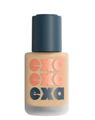 EXA Beauty foundation bottle close-up showing weightless, buildable coverage for a luminous glow