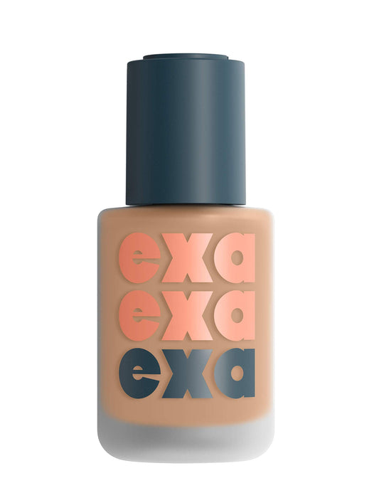 EXA foundation bottle shows luminous, weightless finish for all-day wear.