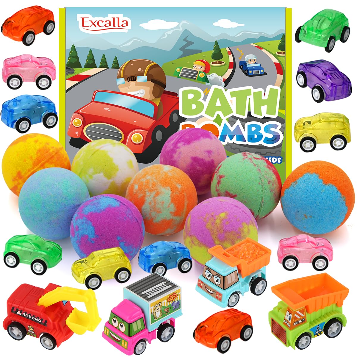 Excalla bath bombs with pull-back cars inside for bath-time surprises