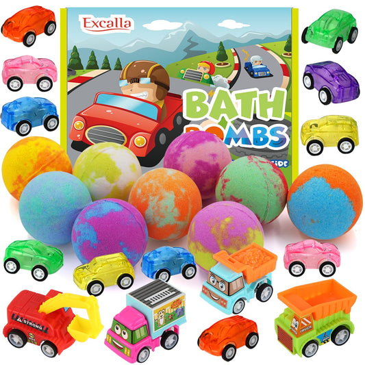 Excalla bath bombs with pull-back cars inside for bath-time surprises