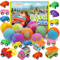 Excalla bath bombs with pull-back cars inside for bath-time surprises