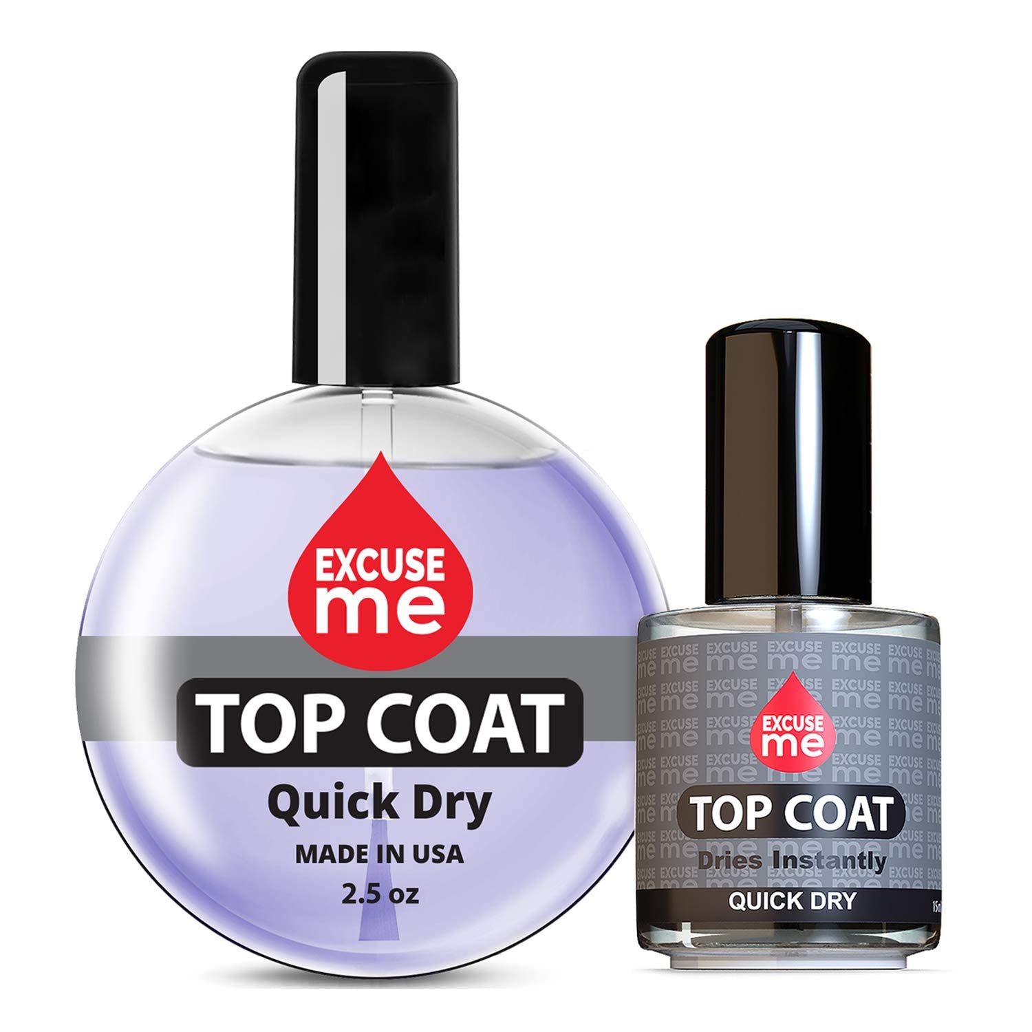 EXCUSE ME Quick Dry Top Coat 0.5 oz bottle for fast-drying shine and durable finish.