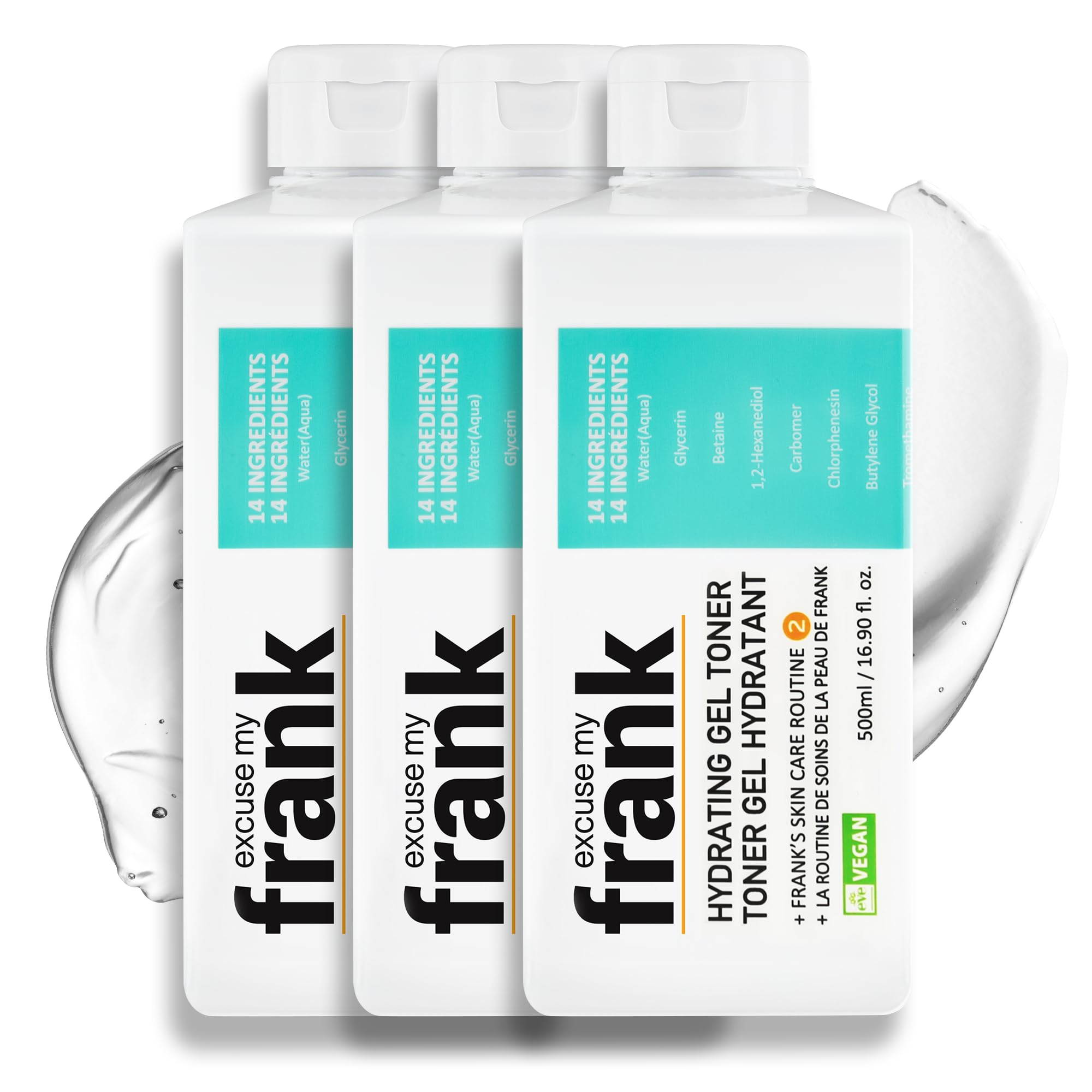 Excuse My Frank Hydrating Gel Toner bottle delivers fast-absorbing hydration for all skin types.