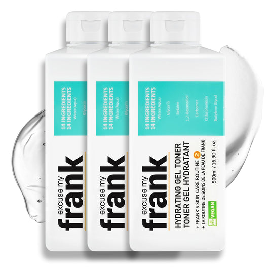 Excuse My Frank Hydrating Gel Toner bottle delivers fast-absorbing hydration for all skin types.