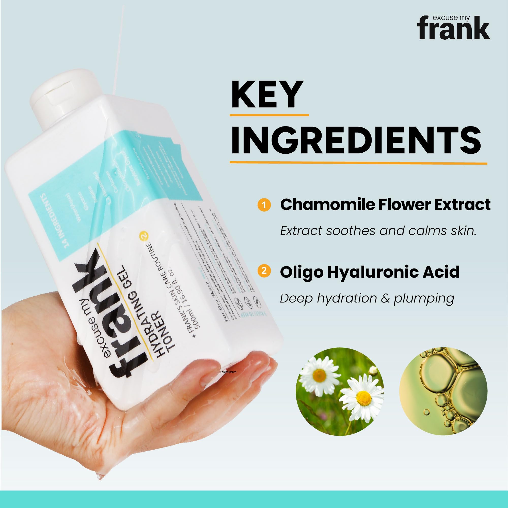 Excuse My Frank Hydrating Gel Toner ingredients highlight chamomile and oligo hyaluronic acid.